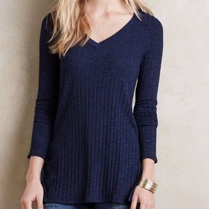 DELETTA Blue Step Hem Top Rib Knit V-Neck hi-low Anthropologie